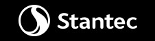 Stantec logo has black background with white letters. Clean font stating 