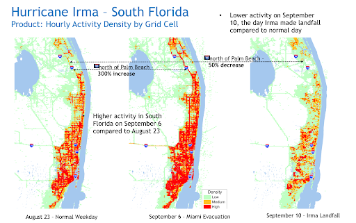 Population density changes in South Florida before and after the evacuation call for Hurrican Irma landfall.