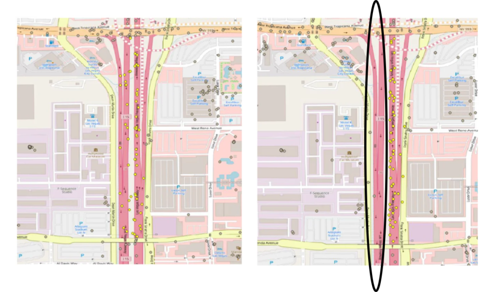 Two maps of I-15 in Las Vegas side by side with one showing the southbound roadway on a typical day and one showing the southbound roadway after crash conditions